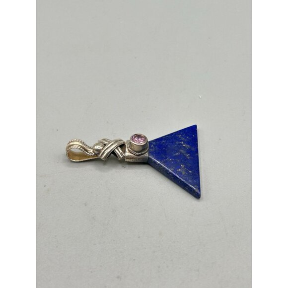 Triangle Blue Lapis Lazuli Sterling Silver Pendant with Pink Glass Stone - Picture 4 of 6